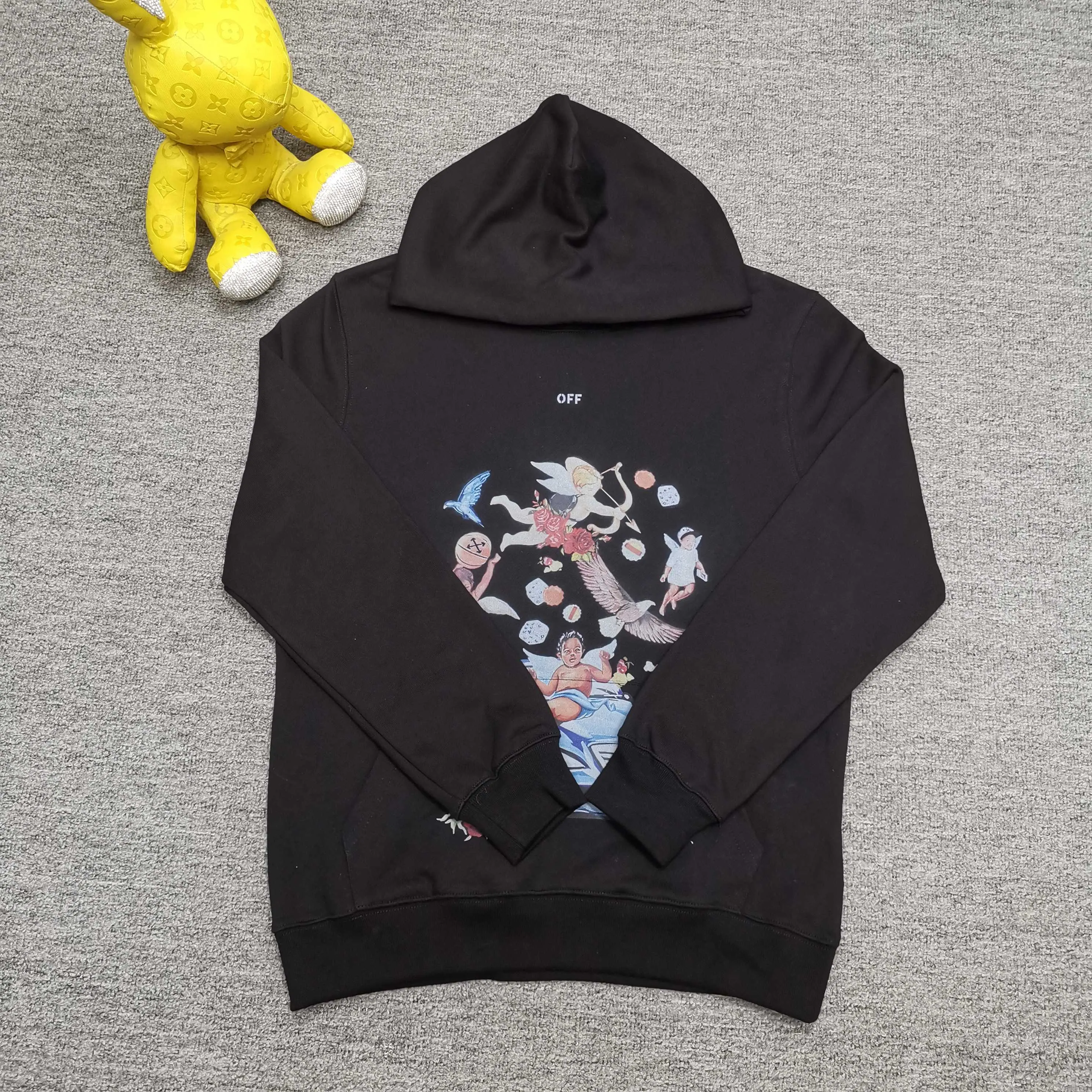 off white 25ss new portrait oil painting 460g washed hooded sweatshirt Color: Black Size: S M L XL P410